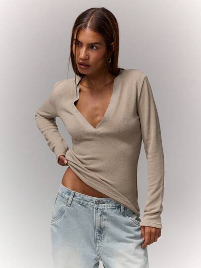 MUSERA V Neckline Long Sleeve Fitted T-Shirt Top Everyday Airport Holiday Back To School Fall Autumn Winter Christmas,Elegant