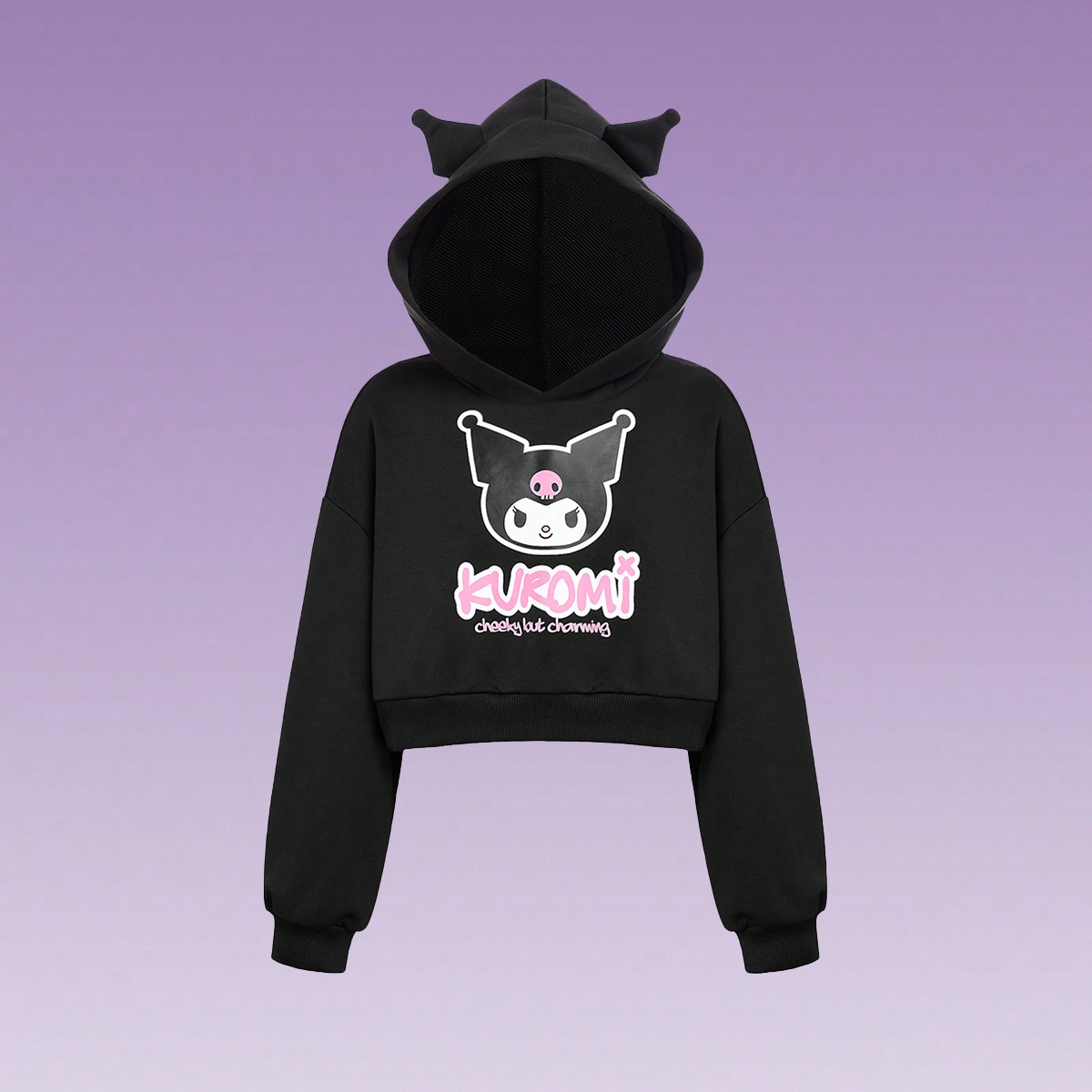 Sudadera corta con gráfico de Kuromi de dibujos animados para niñas preadolescentes en negro