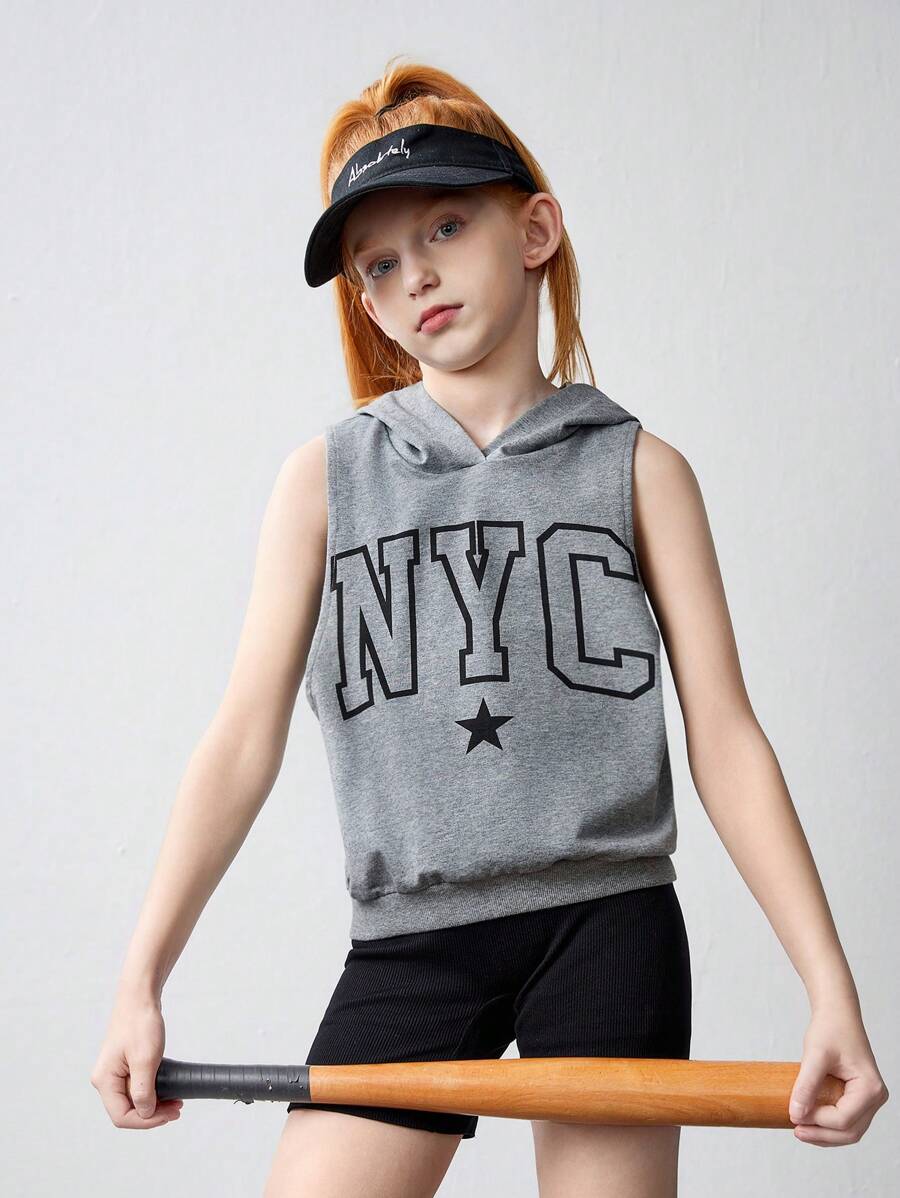SHEIN Tween Girl Knitted Plain Crop Top Tank Top, With Letter Print Sleeveless Hooded Tank Top, 2pcs/Set - Grey - View 1