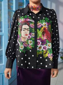 Frida Kahlo X SHEIN Plus Size Modieuze Polka Dot Puff Sleeve Bloemenprint Blouse, Geschikt Voor Woon-werkverkeer En Vakantie, Zwart