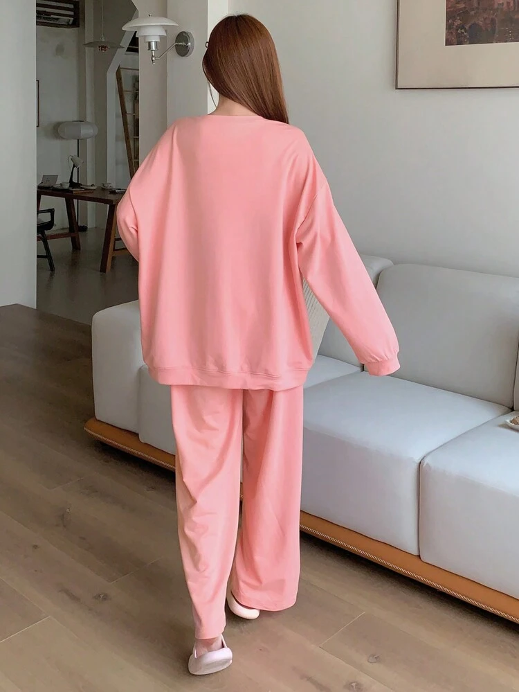 Cute Cartoon Print Hoodie Set, Adorable Sleepwear Set Pajama