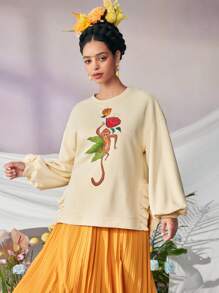VALERIA GALIPOLI Frida Kahlo X SHEIN X Designer Hanorac cu mânecă lungă, supradimensionat, cu imprimeu animal print și crăpături laterale, pentru sărbători, Ziua Recunoștinței, iarnă, primăvară, festival - Caisă - Vizualizare 3