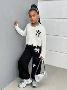 SHEIN Jersey de punto con cuello redondo de manga larga informal para niñas preadolescentes, otoño/invierno - Blanco - Ver 4