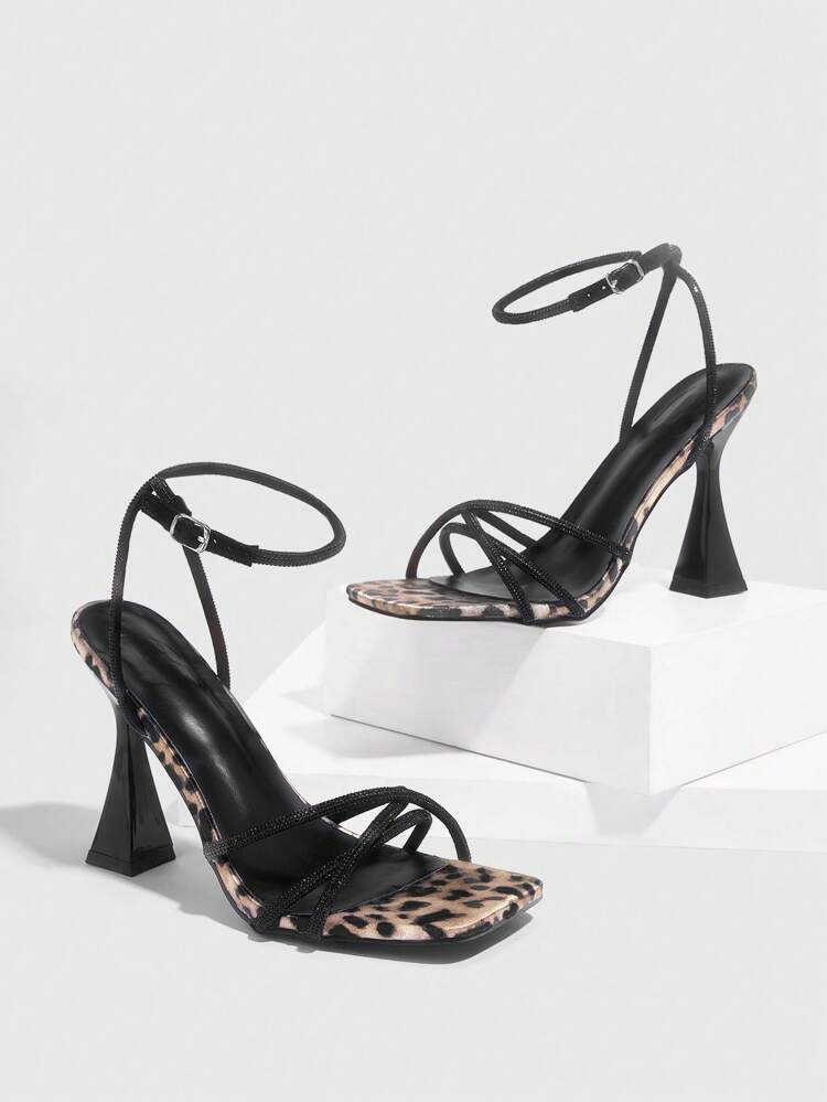 CUCCOO SZL Sandalias de vestir de tacón alto con puntera cuadrada y decoración de rhinestones negros para dama, Halloween, fiesta de Halloween, otoño