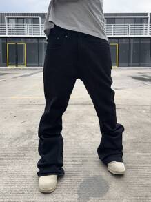 Manfinity EMRG 男士休闲喇叭口袋牛仔裤，纯色修身长款黑色洗水工装牛仔裤，适合送给老公、男朋友的礼物 - 黑色 - 查看 3