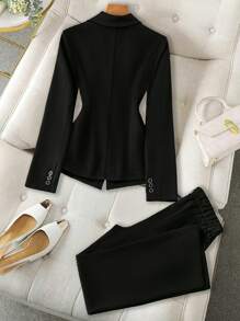 SHEIN Clasi Damen Blazer mit Kragen, langen Ärmeln und Knopfdekor sowie elegante lange Hose Anzug - Schwarz - Übersicht 2