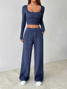 SHEIN PETITE Women's Crop Top And Long Pants Striped Textured Fabric Two Pieces Set Airport Outfit