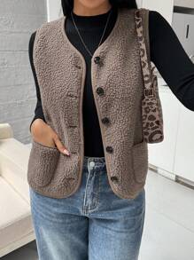 SHEIN Essnce Ladies' Casual Fashion Plush To Keep Warm All-Match Mocha Brown  Button V-Neck Sleeveless With Pocket Jacket