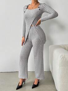 Chiquease 2 件套女士休闲纯色开叉长袖上衣和裤子套装，春秋 - 灰色 - 查看 3