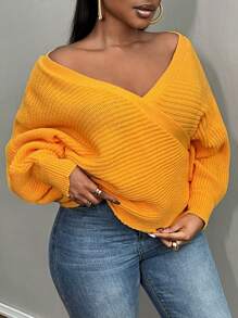 Slaydiva 女式大码纯橙色 V 领系带长袖毛衣，休闲秋冬 - 橘色 - 查看 8