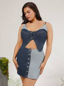 evoluSHEIN X Anitta Luiza Gafas Vestido vaquero de verano, vacaciones, fiesta, Acción de Gracias, cumpleaños y festivales, de talla grande, en estilo de diseñador con bloques de color en contraste y recortes