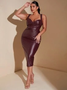 SHEIN BAE 大码女式优雅派对/约会/郊游时尚弹力 PU 紧身连衣裙，细节宽肩带