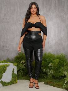 evoluSHEIN X Anitta GAUTII Designer Plus Size Women High Waist Hollow Out Ruched Slim Fit Leggings, Holiday, Thanksgiving, Festival - Black - View 8