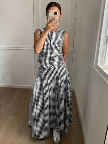 Livesso 2 件套女士春夏休闲格子背心和裙子套装，秋季服装 - 黑色 - 查看 8