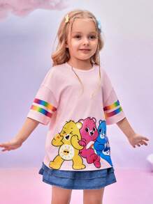 SHEIN X Care Bears Camiseta de manga corta holgada con estampado degradado de oso de dibujos animados y arcoíris, diseño joven y casual para niña, ideal para verano, vacaciones, Año Nuevo, Acción de Gracias