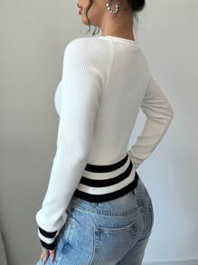 Chiquease Women's Round Neck Long Sleeve Fashionable Striped Design Fitted Cardigan - White - View 2