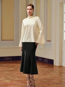 ZEYLAH 纯色褶饰立领褶皱喇叭袖衬衫 - 杏色 - 查看 8