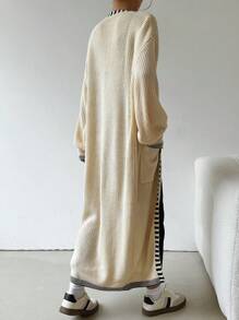 SHEIN EZwear Áo khoác cardigan dài tay rộng rãi họa tiết sọc vai trễ dành cho nữ, mùa thu/đông - Màu be - Xem 2