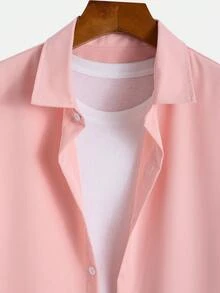 Manfinity Homme Áo sơ mi nam tay ngắn màu trơn thường ngày đi làm, mùa hè - Hồng - Xem 4