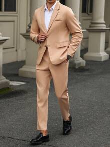 Manfinity Mode Men's Solid Button Front Long Sleeve Jacket And Pocket Design Trousers Suit - Khaki - View 7