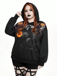ROMWE Plus Size Halloween Pumpkin, Bat & Skeleton Print Pullover Hoodie, Fall Clothes