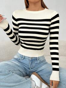 SHEIN PETITE Striped Pattern Ribbed Knit Sweater In Fall/Winter - Black and White - View 8