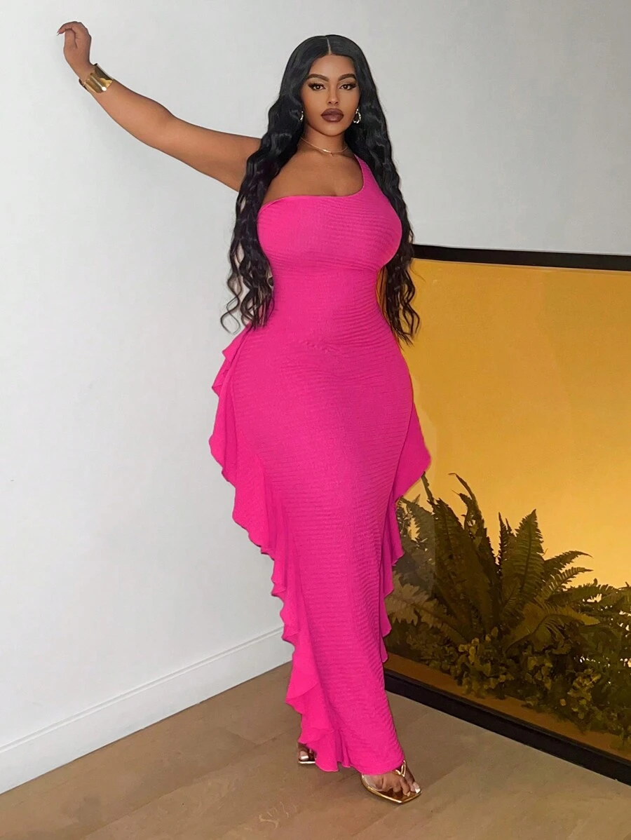 Slaydiva 优雅浪漫大码女式舒适纹理面料单肩荷叶边修身中长连衣裙 - B - 玫紅色 - 查看 1