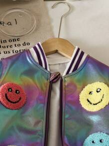 SHEIN Explorewe Kids Young Girl Casual Colorful 3D Towel Embroidered Smiling Face Baseball Jacket, Gradient Blue Bomber Jacket With Reflective Fabric, Winter Outwear - Purple - View 3