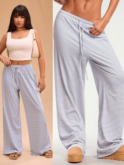 Forever 21 大码女式休闲百搭宽松松紧腰条纹针织裤