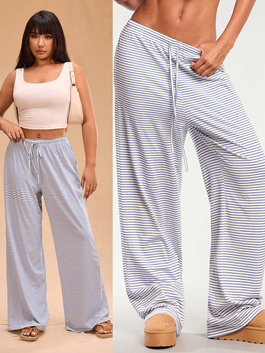 Forever 21 大码女式休闲百搭宽松松紧腰条纹针织裤 - 藍白色 - 查看 1