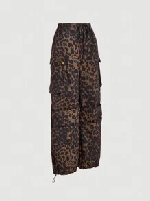 SHEIN MOD Pantalón cargo con estampado de leopardo, pantalón casual recto para mujeres