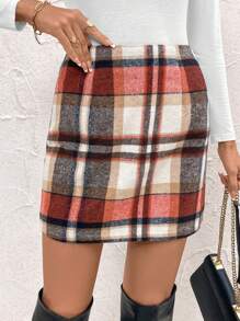 SHEIN Clasi 女式格子设计修身优雅迷人时尚迷你裙 - 鏽棕色 - 查看 3