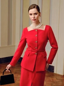 ZEYLAH GOLD FLORAL BUTTON PLACKET BUCKLE BELTED JACKET - Red - View 8