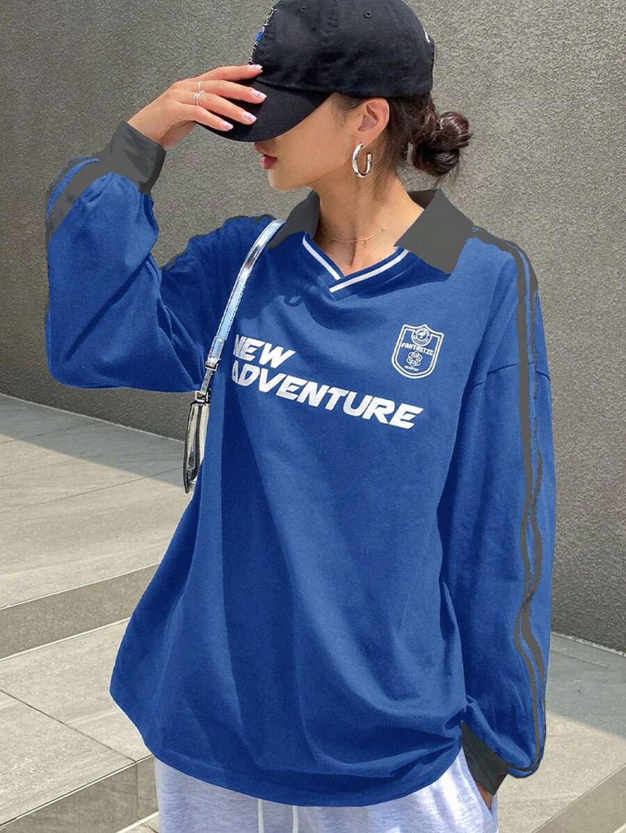 DAZY 女式拼色字母印花长袖运动T恤，秋季服装 - 寶藍色 - 查看 1