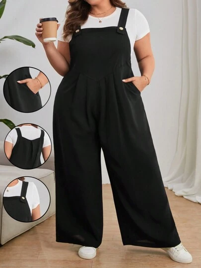 SHEIN CURVE+ Plus Size Casual Solid Color Suspender Overall Jumpsuit, Spring/Summer