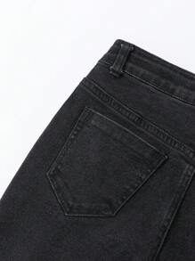 SHEIN Tween Girls Diagonal Waistline Ripped Distressed Flared Black Denim Jeans - Black - View 3