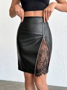 SHEIN Tall Women Pu Leather Splice Lace Zipper Mini Skirt