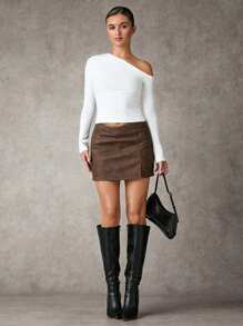 SHEIN BAE 女士棕色复古仿旧皮革 PU 开衩下摆休闲优雅优雅 A 字中长裙裤，适合秋冬季