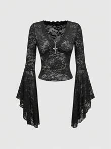 ROMWE Goth Cross Bead Decorated V-Neck Flare Sleeve Lace Tight Top