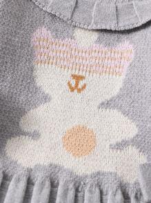 女婴秋季服装，18个月女婴服装，可爱秋季服装，女婴毛衣连衣裙，长袖荷叶领百褶裙，小熊提花可爱针织连衣裙 - 灰色 - 查看 4