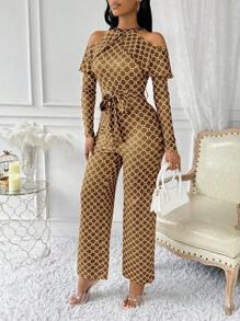 Lyxana Mono elegante de manga larga con volantes, cinturón y estampado vintage de toda la prenda para mujer