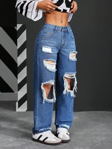 SHEIN PETITE Women's Loose Fit Straight Leg Distressed Pocket Jeans - Blue - View 6