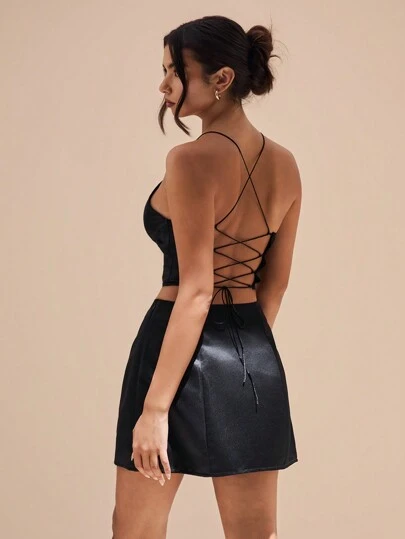 Glamine 2pcs/Set Women Solid Color Spaghetti Strap Criss-Cross Back Top And Mini Skirt