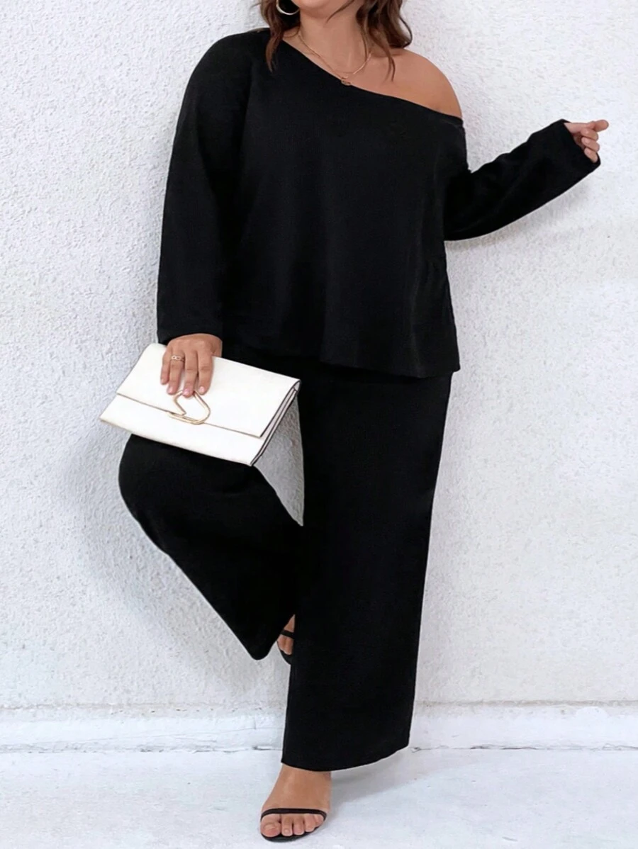 SHEIN CURVE+ 2 Stücke Große Größen Set aus asymmetrischer Kragen Bluse und Hose in Einfarbig Lässig für Frühling Herbst - Schwarz - Übersicht 1