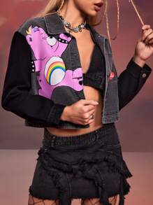 SHEIN X Care Bears DAYDREAMS AND ICE CREAMS Designer Casual Cartoon Bear & Letter Heart Printed Patchwork Pocket Short Jacket, Holiday, Thanksgiving, Winter, Spring, Festival