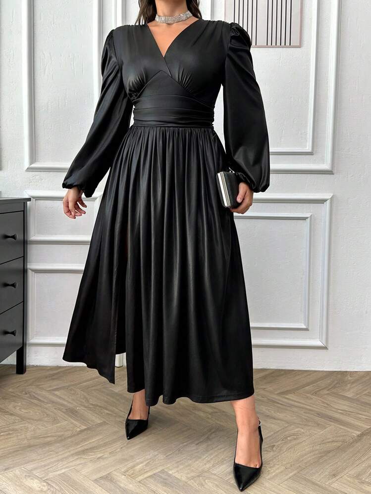 EURMUSE Plus Two Tone Wrap Evening Dress - Black - View 4