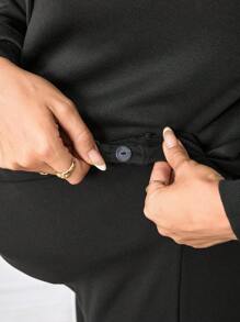 SHEIN Maternity Fleece Hoodie Sweatshirt & Leggings 2Pcs Set, Button & Drawstring Waist, Loose & Adjustable, Black - Black - View 7