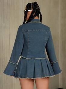 SHEIN ICON Plus Size Zip-Up Frayed Denim Jacket With Long Sleeves, Fashion Street Style - Blue - View 2