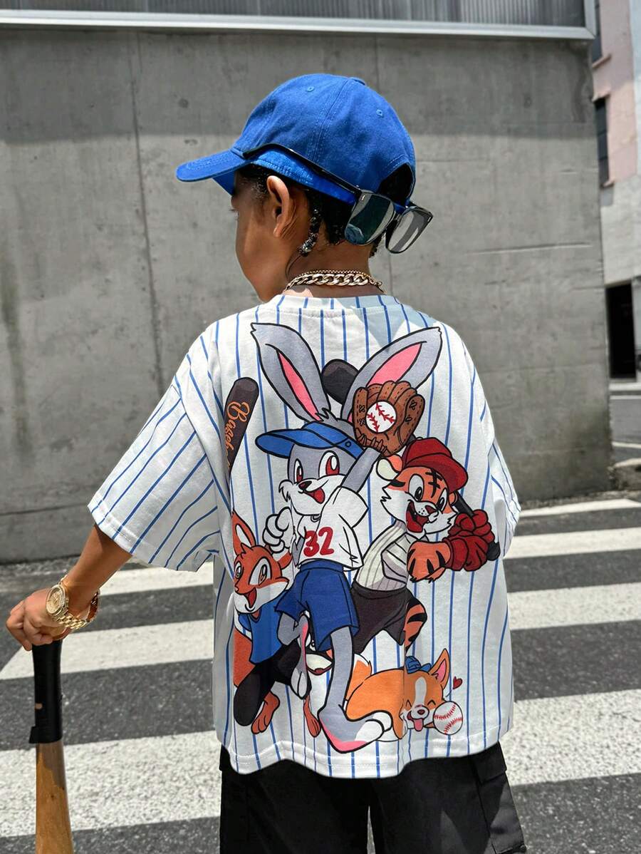 SHEIN SLAYR KIDS Young Boy 1pc Casual & Cute Vacation Cartoon Animal Group Print Ultra-Oversized Round Neck Drop Shoulder Short Sleeve White & Blue Striped T-Shirt, Suitable For Sports & Spring/Summer Seasons - Multicolor - View 1