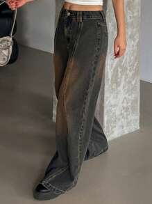 DAZY 女式做旧宽松直筒牛仔裤、宽松牛仔裤 - 藍色 - 查看 3